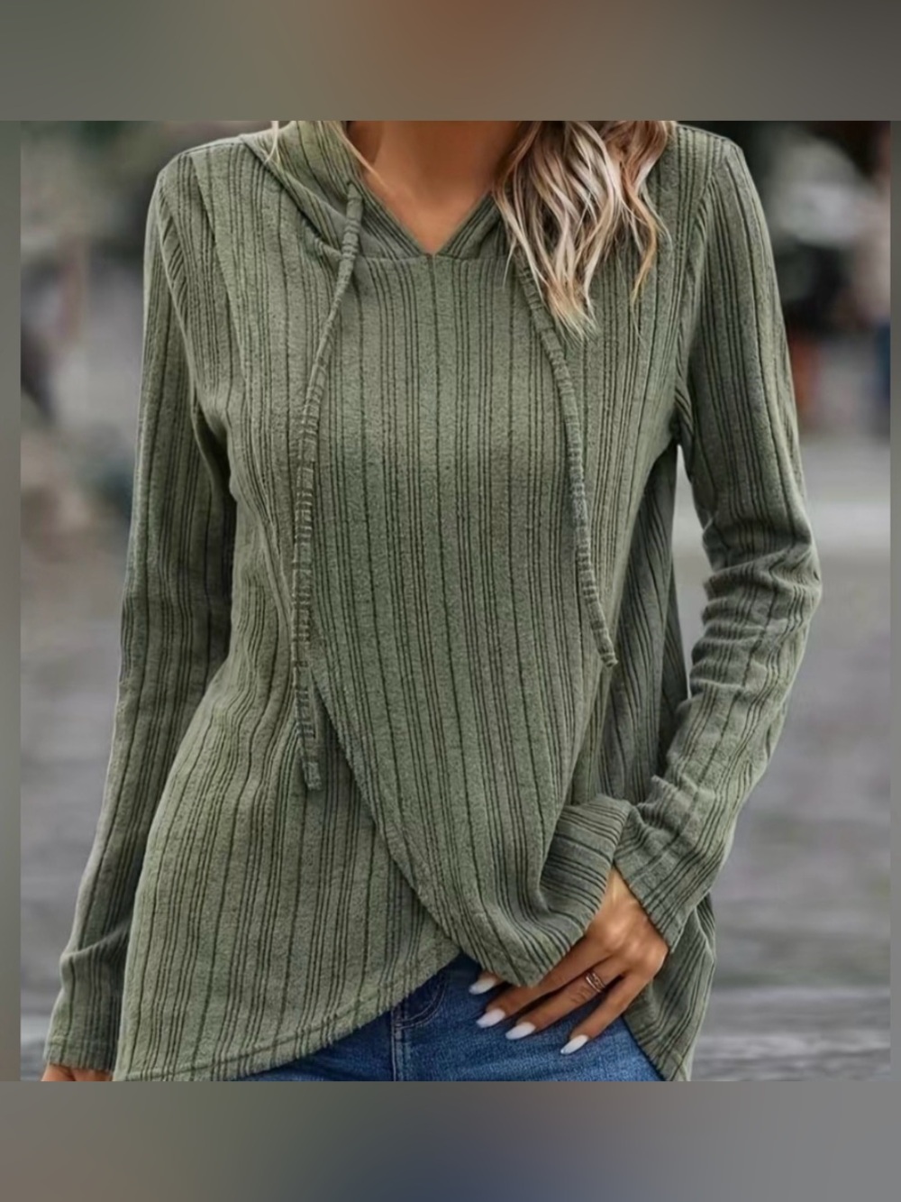 Women's Hooded Ribbed Pullover LightweightTop with Split Front- Light Olive